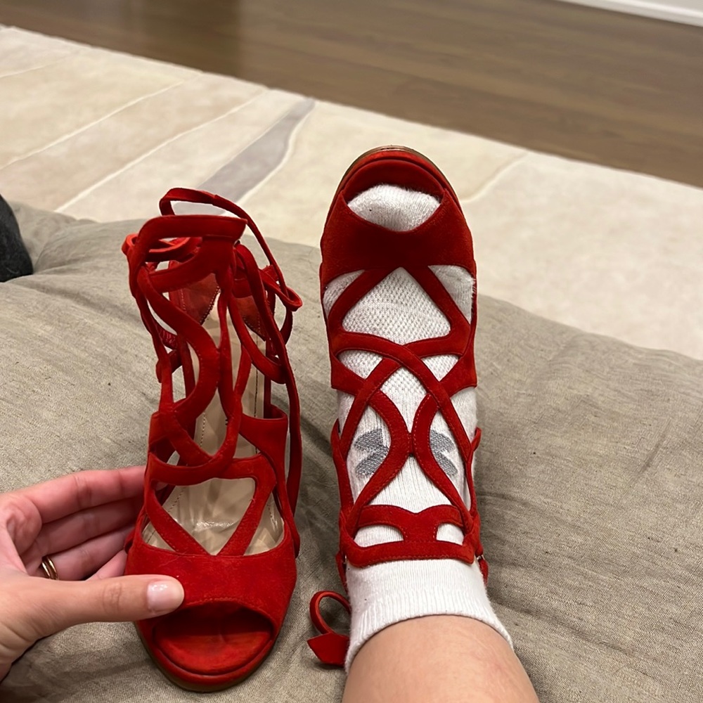 Red suede Paul Andrew heels